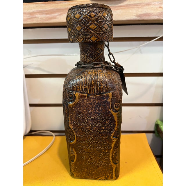 Mid-Century Modern Mid 20th Century Leather Wrapped Glass Decanter With Embossed Don Quixote Figure by Miguel De Cervantes Poems For Sale - Image 3 of 10