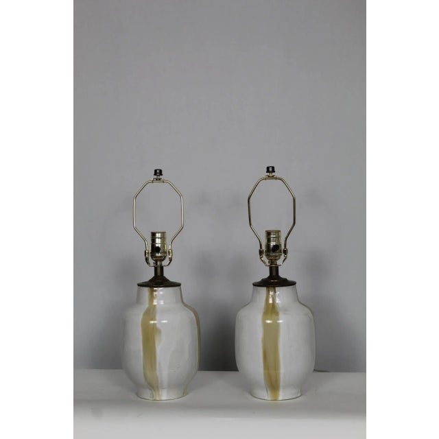 Pair of Karen Karnes influence ceramic lamp. Simple in style.Rich alabaster glaze with taupe color brushed overlay. petite...