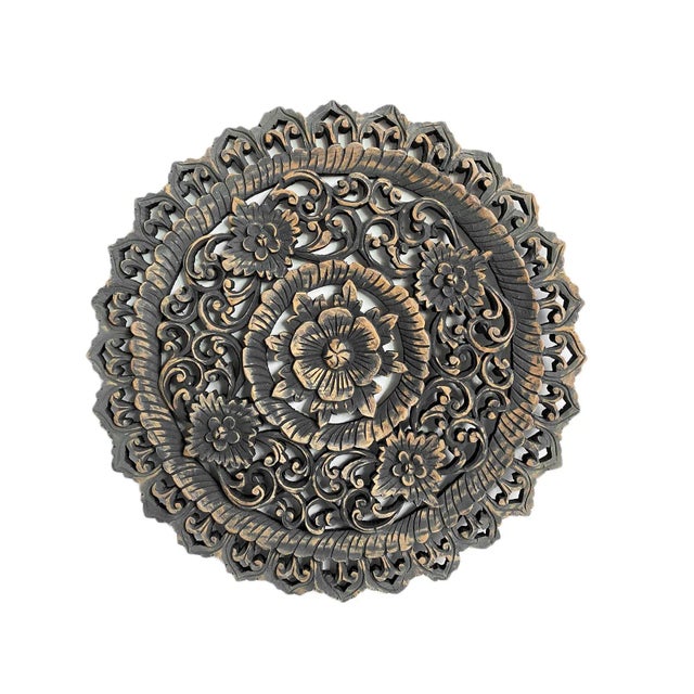 Indian Vintage Antique Burn Boho Medallion Carved Wall Panel 18" For Sale - Image 3 of 3