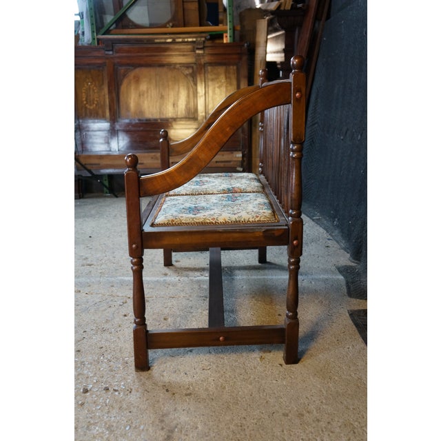 Vintage American Country Farmhouse Mahogany Settee Bench Needlepoint Seat For Sale - Image 13 of 17