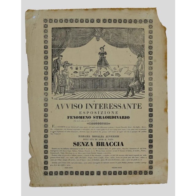 Advertising Poster is a beautiful historical woodcut on ivory-colored paper. A long explication inscription in Italian is...
