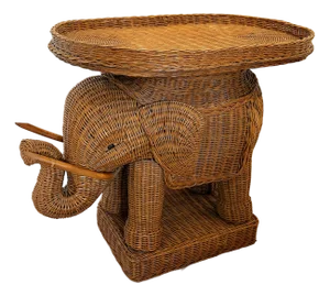 Vintage 1970's Wicker Elephant Side Table With Removeable Tray Top