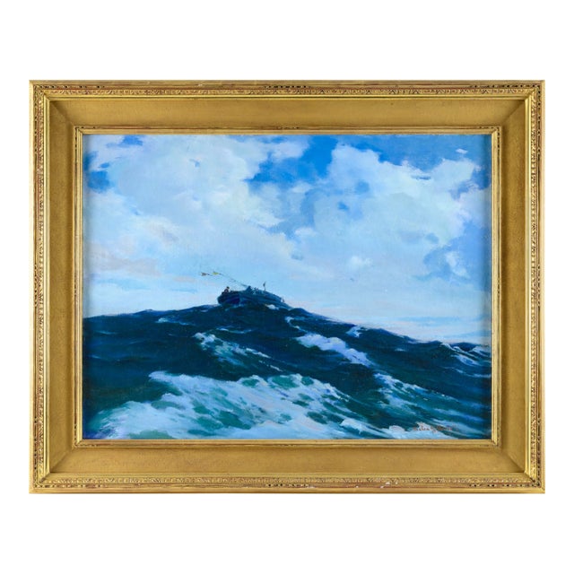 Galen J. Perrett 1949 American Marine Oil Painting, “She Crossed Our Bow” Period Frame For Sale