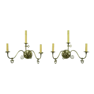 Pair of Antique Victorian Brass 3 Arm Wall Sconces