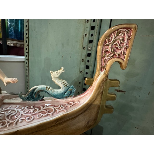 Pink Antique Capodimonte "A Couple on the Gondola" Porcelain Sculpture With Brass Remo (Oar) For Sale - Image 8 of 10