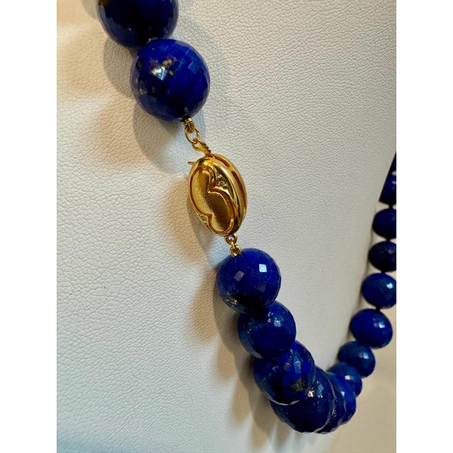 Vintage Lapis Lazuli Single Strand Necklace Yellow Gold 14K Clasp With Diamond For Sale - Image 12 of 18