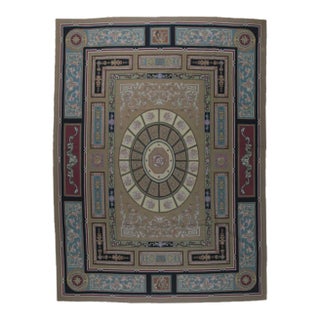 9x12 Vintage Aubusson Flat Weave Wool Rug, Neoclassical Compass Medallion For Sale