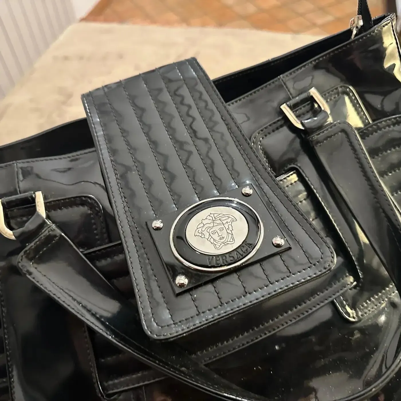 1990s Vintage Black Leather and Plastic Hand-Bag by Gianni Versace