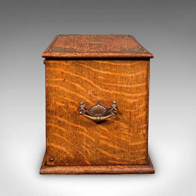 Brown Antique Stationery Box, English, Golden Oak, Fall Front Desk Tidy, Edwardian For Sale - Image 8 of 12