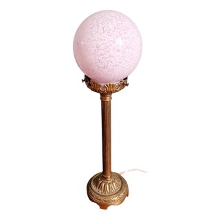 Gilt Bronze Table Lamp with Pink Speckled Glass Globe, Early 20th Century For Sale