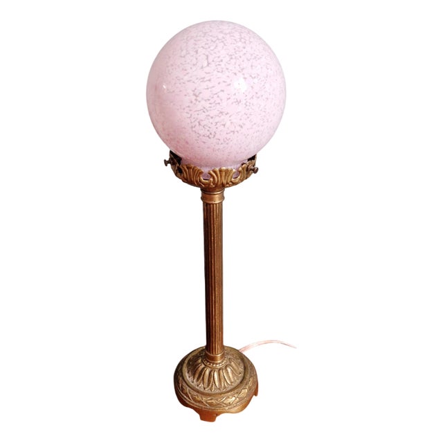 Gilt Bronze Table Lamp with Pink Speckled Glass Globe, Early 20th Century For Sale