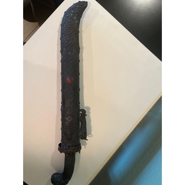 Contemporary Vintage Sino Tibetan Short Sword Dagger Hand Forged Steel Repousse Scabbard 25" For Sale - Image 3 of 15