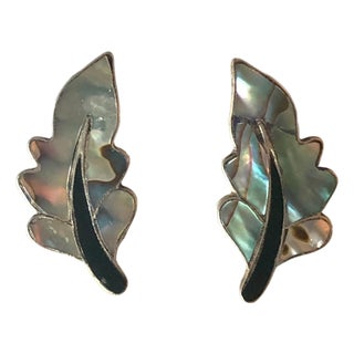 1950s Mexican Abalone Leaf Earrings With Onyx Inlay, A Pair For Sale