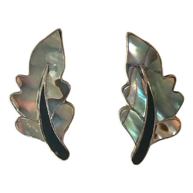 1950s Mexican Abalone Leaf Earrings With Onyx Inlay, A Pair For Sale