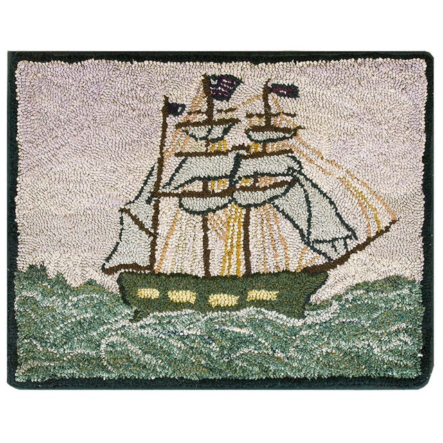 Textile 1940s Gray Nautical Antique American Hooked Rug 2'7" X 3'2" Handknotted Wool Carpet For Sale - Image 7 of 9