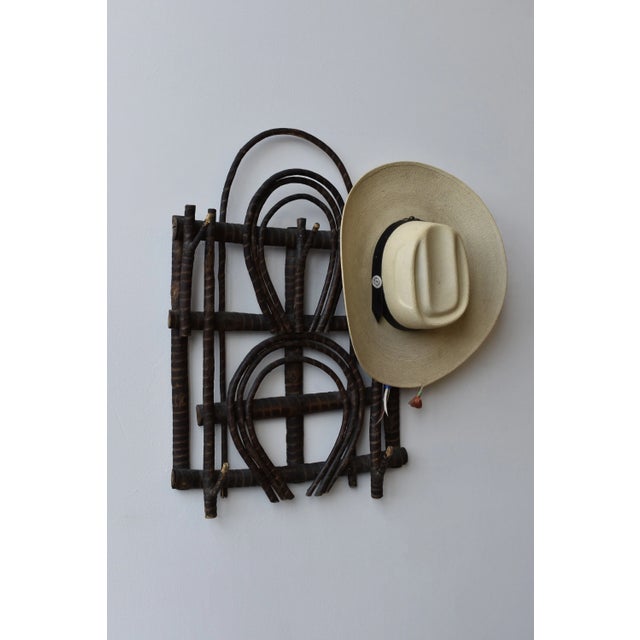Antique Adirondack Twig Wall Rack with Carved Stripe Detailing, Circa 1940s-50s. Natural bentwood branch construction with...