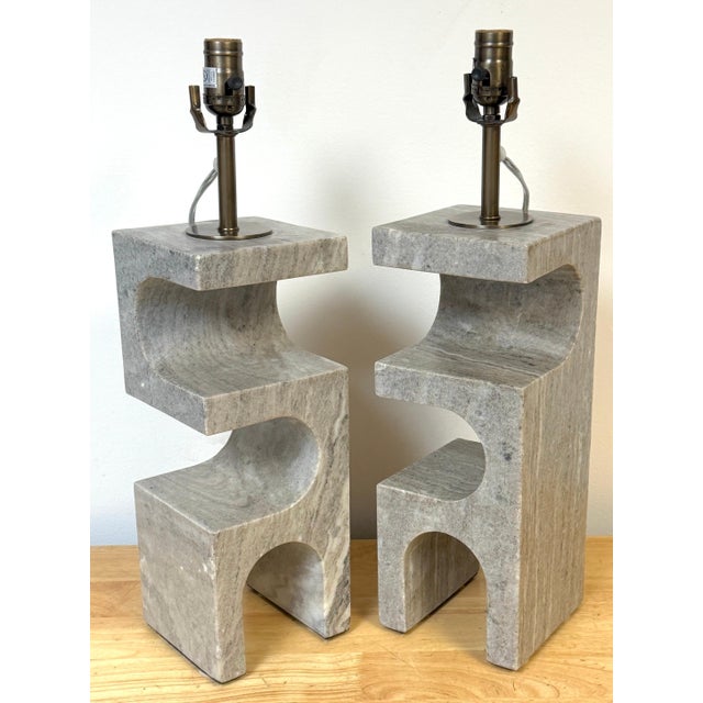 1980s Italian Sculptural Gray Marble Architectural Table Lamps - a Pair For Sale - Image 12 of 16
