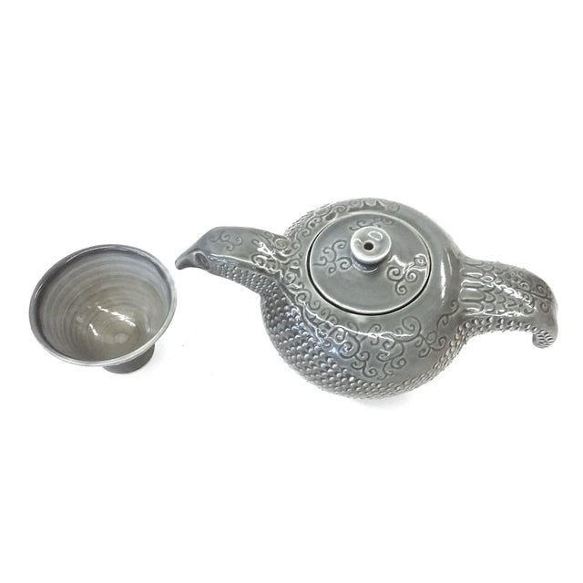 Signed Yang Yang as well as signed in Chinese characters, this set is most unusual. The teapot shaped like a bird with the...