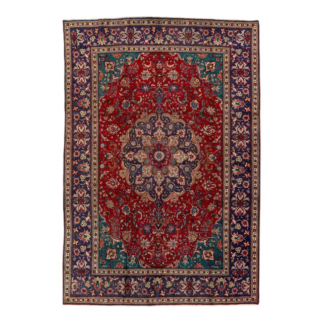 Vintage Medallion Tabriz Persian Wool Rug in Red For Sale