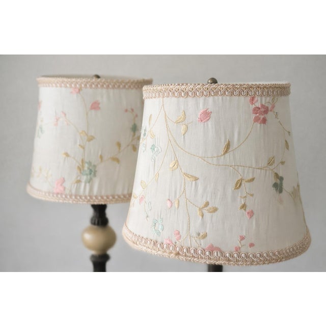 French Country Pair of Petite Floral Embroidered Table Lamps by Collections Etc. For Sale - Image 3 of 6