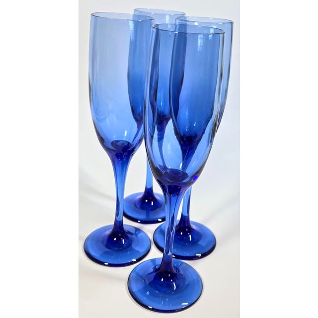 Glass Vivid Blue Champagne Flutes- Set of Four For Sale - Image 7 of 10