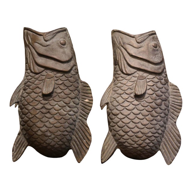 Pair of 19th Century French Carved Verdigris Patinated Bronze Fish-Form Vases For Sale