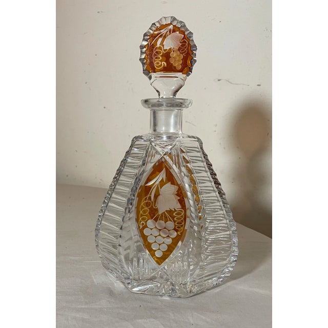 1980s Vintage Orange Cut to Clear Czech Bohemian Crystal Glass Liquor Decanter Bottle For Sale - Image 5 of 12