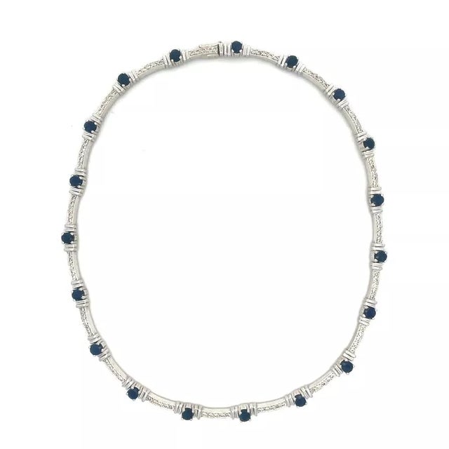 Contemporary Gold Sapphire Diamond Necklace 14k White Bar Link For Sale - Image 3 of 7