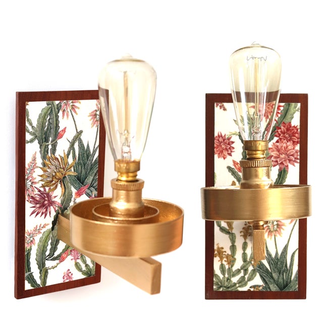 Two vintage wood and metal light fixtures for the wall restyled with découpage of a delicate printed paper napkin finished...