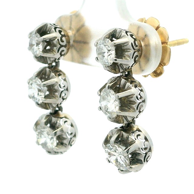 Vintage Platinum and 14k Gold 2 Carat Diamond Drop Earrings Circa 1950s, A Pair For Sale - Image 9 of 15