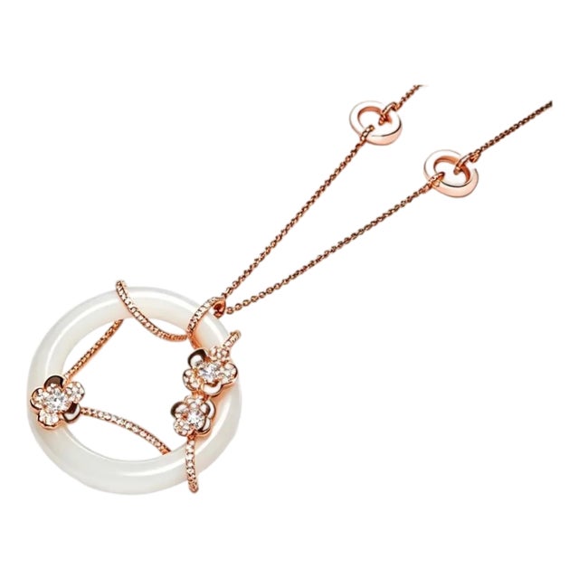 Late 20th Century 14K Rose Gold Diamond White Agate Designer Necklace For Sale
