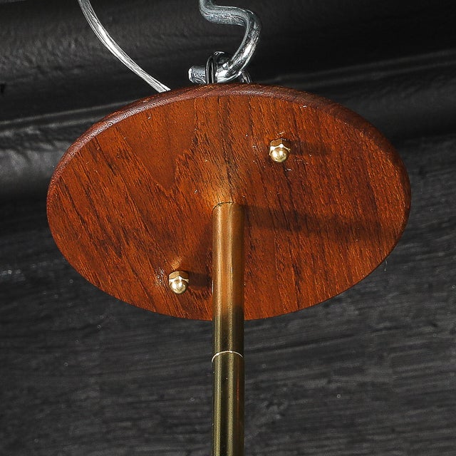 Mid-Century Modern Frosted Glass & Walnut Pendant Chandelier With Brass Fittings For Sale - Image 15 of 17