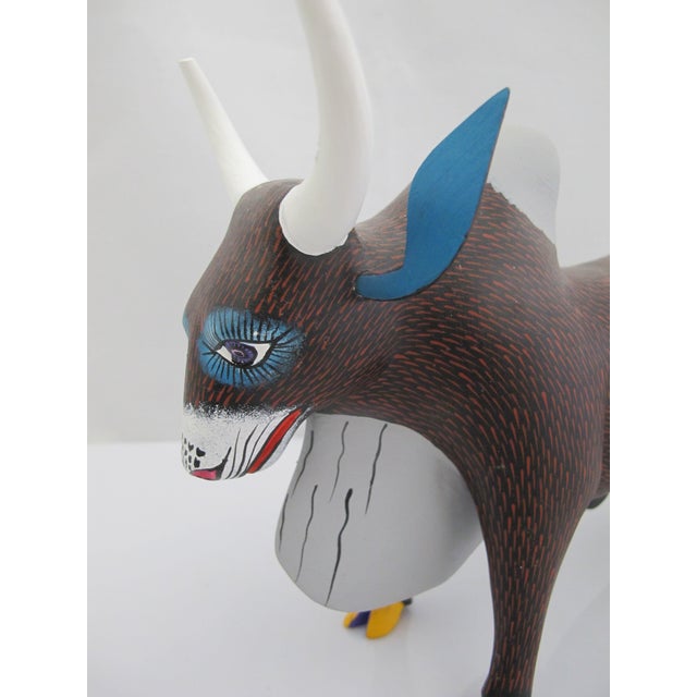 Mexican Alebrije Oaxaca Mexico Morales Folk Art Carved Wood Bull Figurine Sculpture For Sale - Image 3 of 11