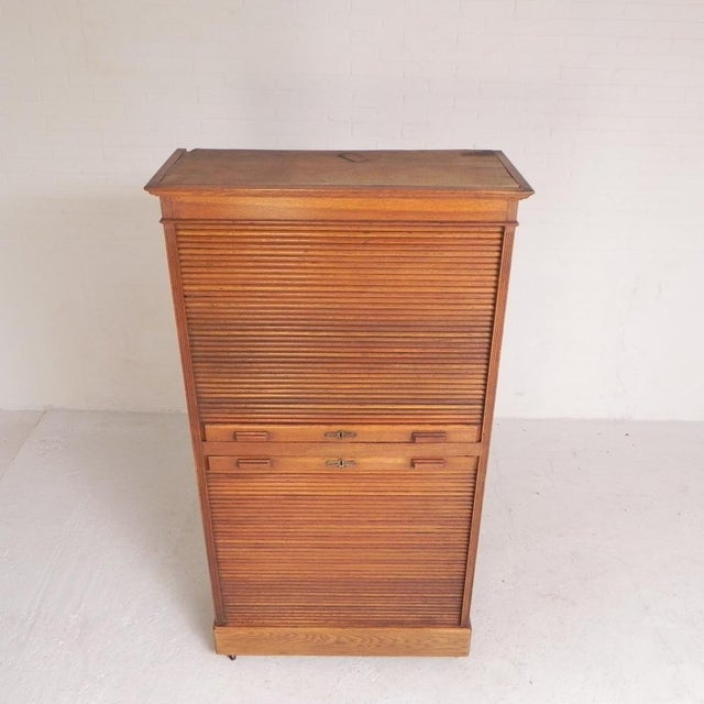 Oak Roller Shutter Cabinet with Shutters One Above the Other, 1930s For Sale - Image 3 of 18