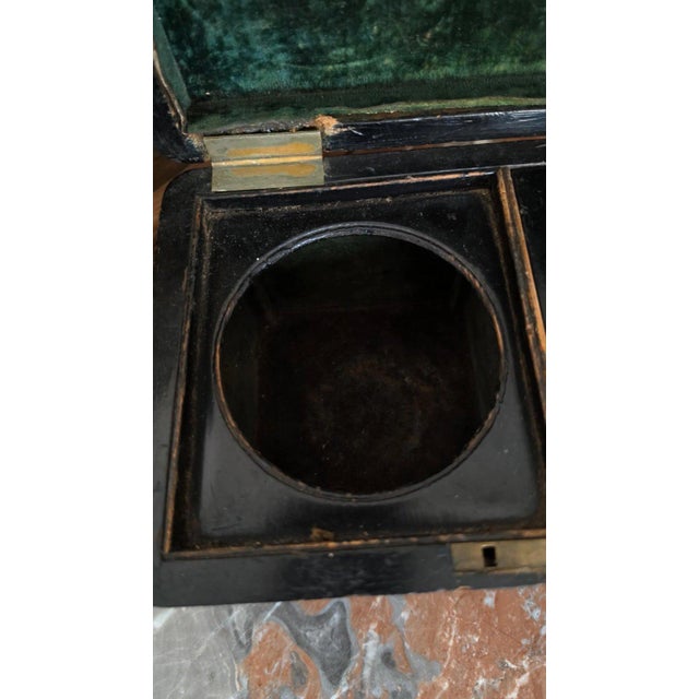 Antique Victorian Papier Mache Tea Caddy Mother of Pearl Inlay Black Lacquer Box Cut Crystal Mixing Bowl 19th Century For Sale - Image 15 of 17