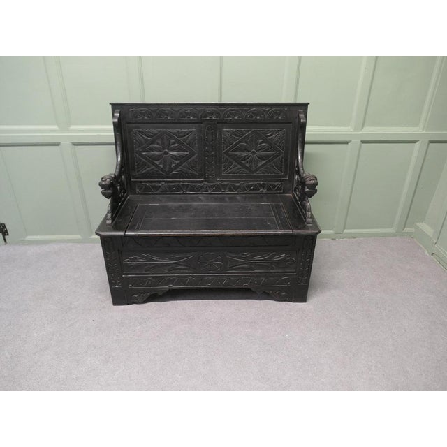 Carved Oak Box Settle with Geometric Design, Early 19th Century For Sale - Image 3 of 8