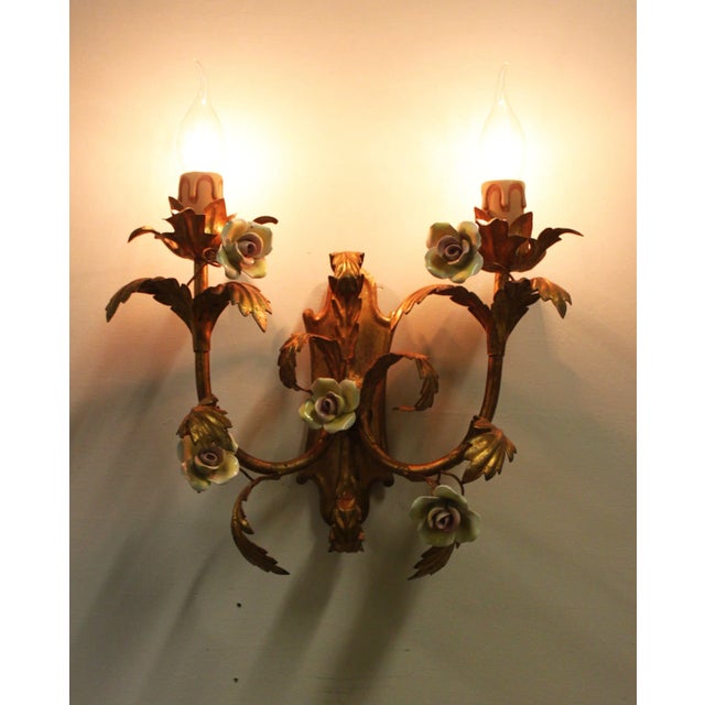 Golden Wall Lights and Porcelain Flowers, Set of 2 For Sale - Image 3 of 11