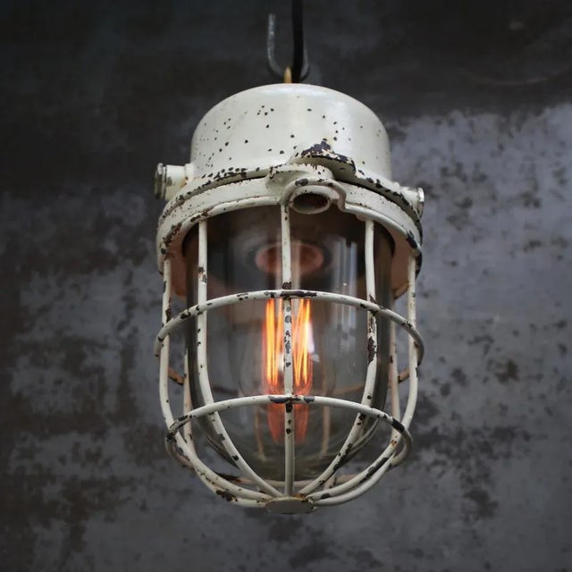 Industrial Vintage Industrial White Metal and Clear Glass Pendant Light For Sale - Image 3 of 6