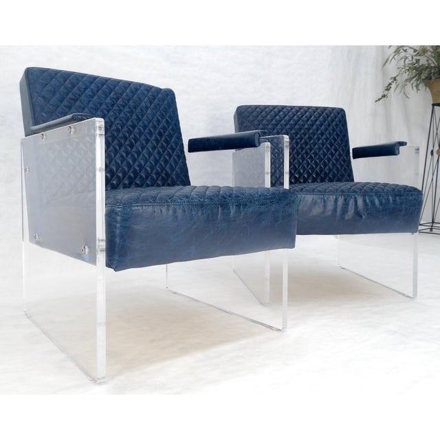 Pair of blue Quilted Leather Upholstery Seats Lucite Base Arm Lounge Club Chairs For Sale - Image 13 of 14