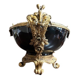 Vintage French Style Jardeniere Black Porcelain and Bronze 23”x 9” For Sale