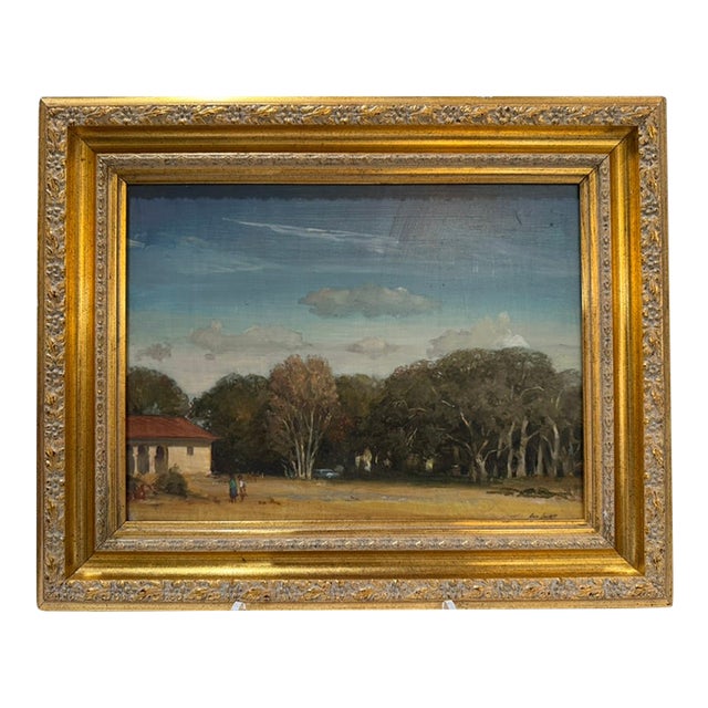 Late 20th Century Ann Vaughan Leggett Signed Original Landscape Painting Figures Trees Gilt Frame For Sale