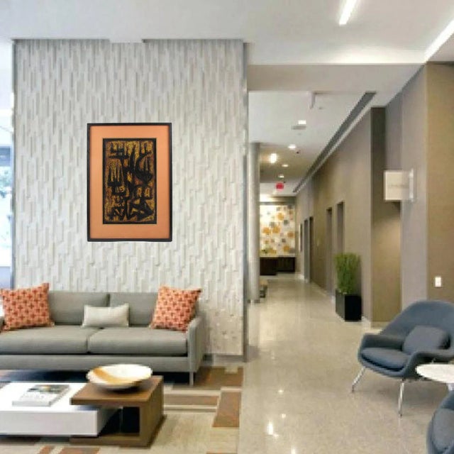 Mid-Century modernist mix-media abstract composition signed by American artist Canthi and dated 1961. Brutalist design...