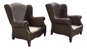 Vintage Lane Venture Excursions Sculptural Rattan Wingback Armchairs, Pair