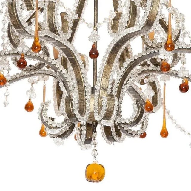 1960s French Bagues Style Steel and Beaded Glass Chandelier For Sale - Image 5 of 6