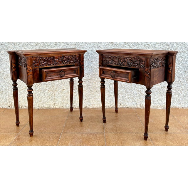 Brown Pair of Spanish Carved Oak Nightstands With Drawer, 1930s For Sale - Image 8 of 15