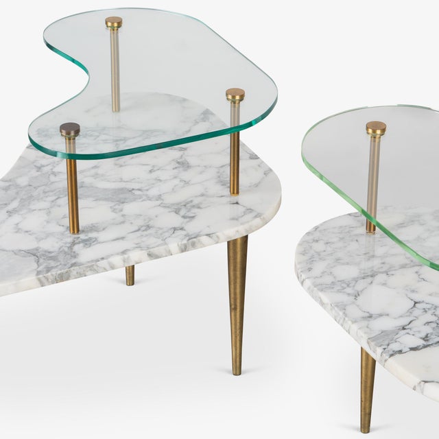 Tiered Italian Organic Form Accent Tables in Carrara Marble, Glass, & Brass, Pair For Sale - Image 11 of 14