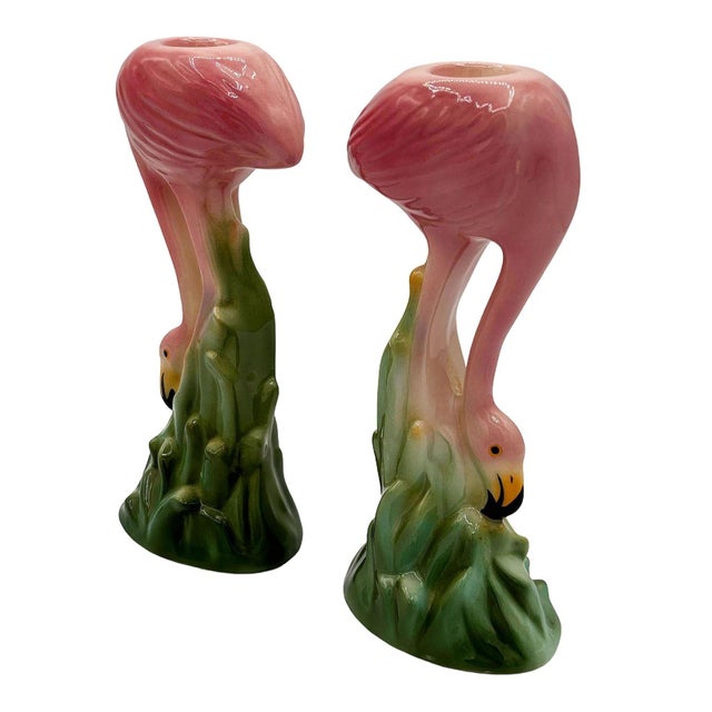 1980s 1987 Ceramic Flamingo Tropical Candle Holder Pair by Ronnie's Ceramic Company For Sale - Image 5 of 6