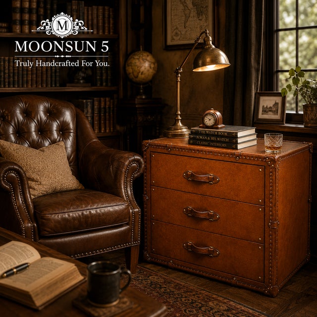 Luxury Tan Leather 3 Drawer Console, Handmade Leather Chest of Drawers, Vintage Trunk Style Nightstand, Brass Studded Storage Cabinet For Sale - Image 12 of 12
