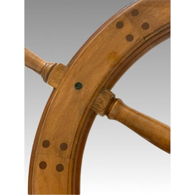 Vintage Ships Wheel Nautical Coffee Table With Glass Top & Cast Iron Black Anchor Base For Sale - Image 4 of 12