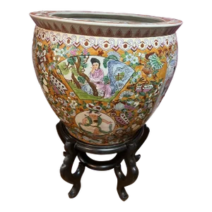 Large Porcelain Chinese Fishbowl Planter With Classic Oriental Decorations and Wood Stand